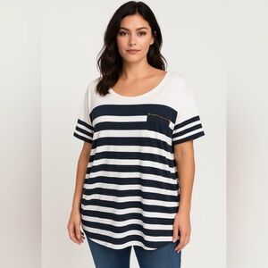 Level Eigth Womens Top Size Large Striped White Navy Scoop Neck‎ Short Sleeve